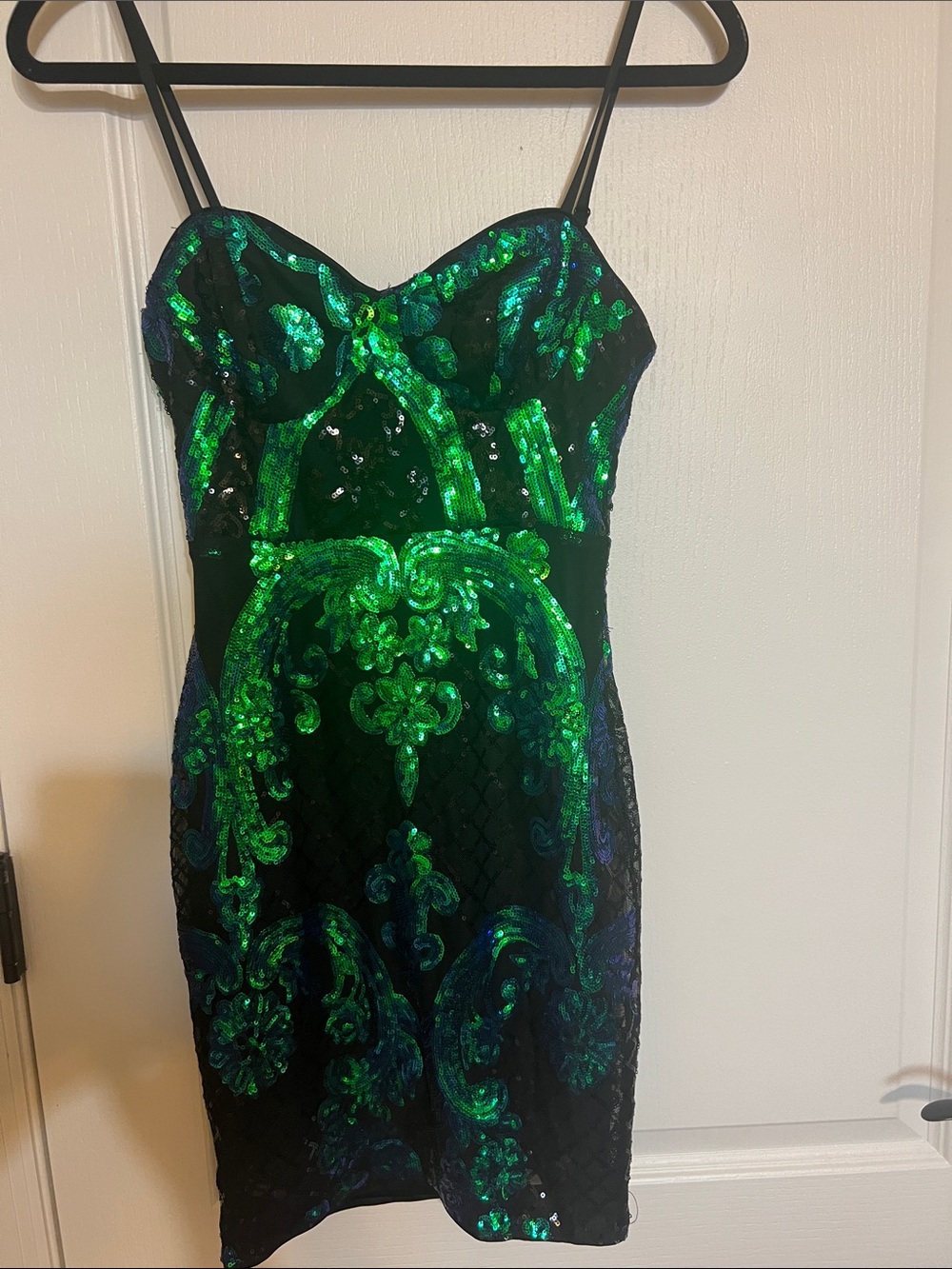 Lulu's Black Mini Dress with Emerald Sequin Baroque Accents